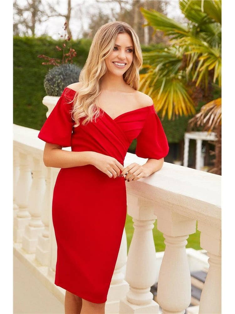 Deena Red Puff Sleeve Midi Dress