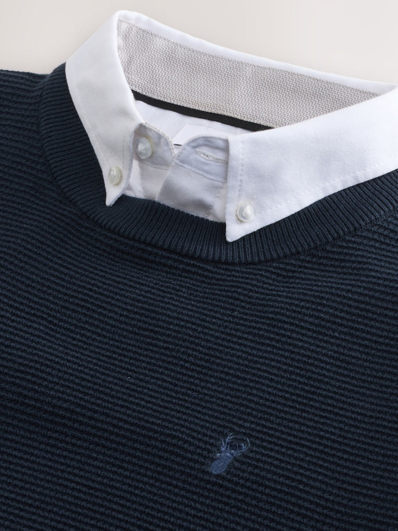 Navy Blue Regular Fit Textured Oxford Mock Shirt Jumper