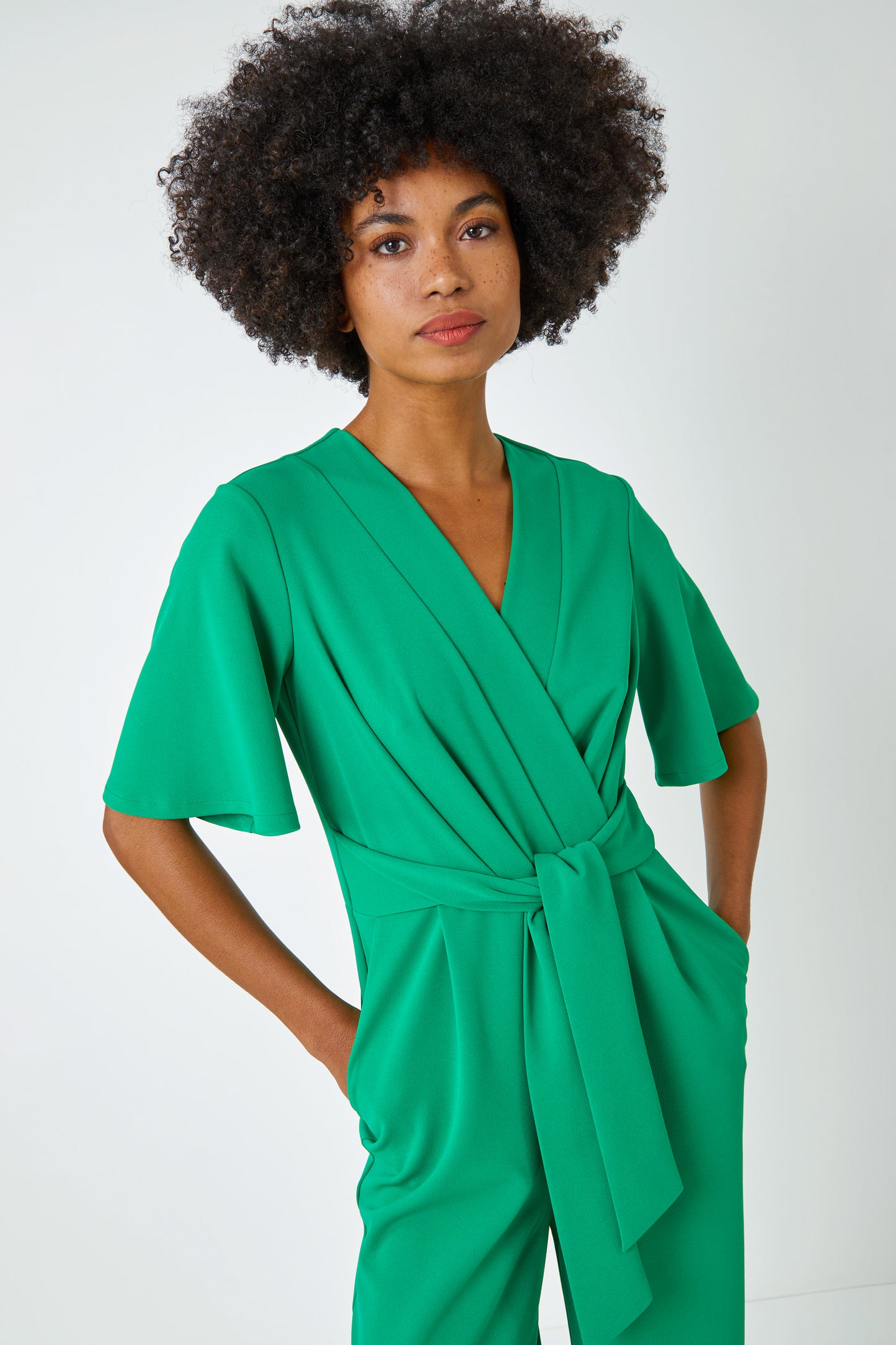 Green Angel Sleeve Cropped Wrap Jumpsuit