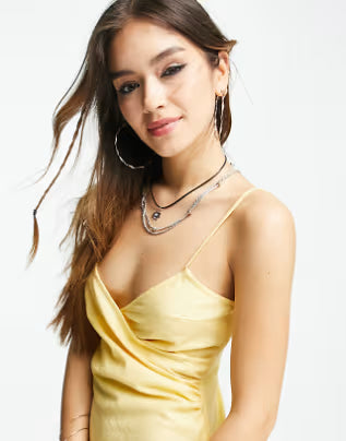 Linen Strappy Ruched Side Split Leg Midi Sundress in Lemon