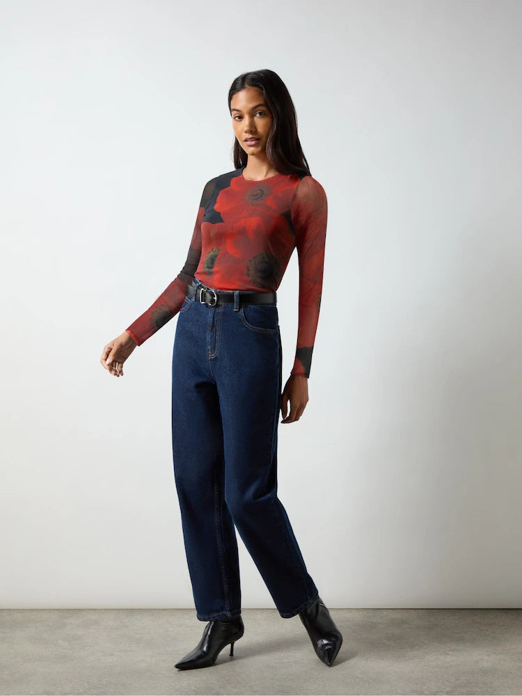 Red Floral Placement Print Mesh Top