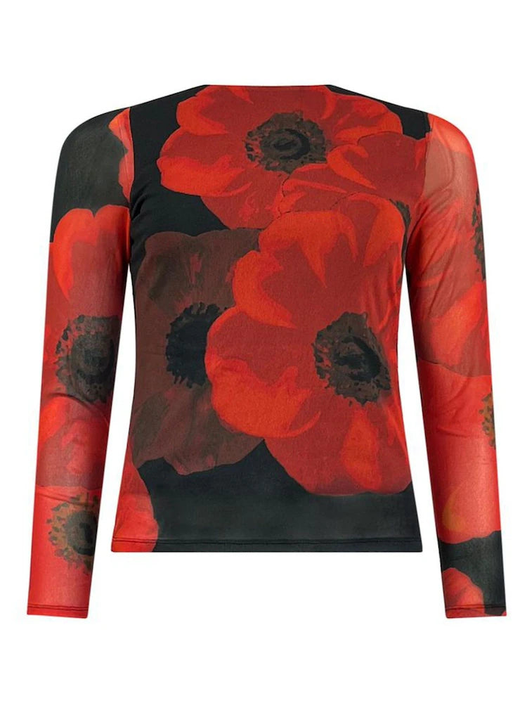 Red Floral Placement Print Mesh Top