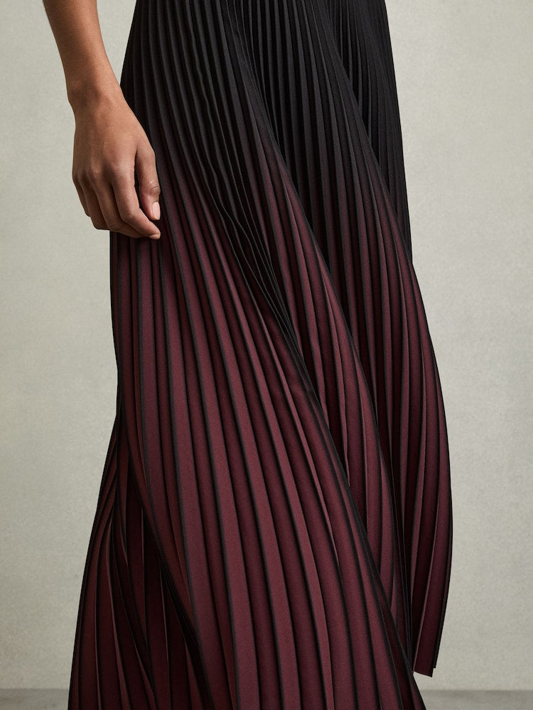Marlie Ombré Pleated Midi Skirt in Burgundy/Black
