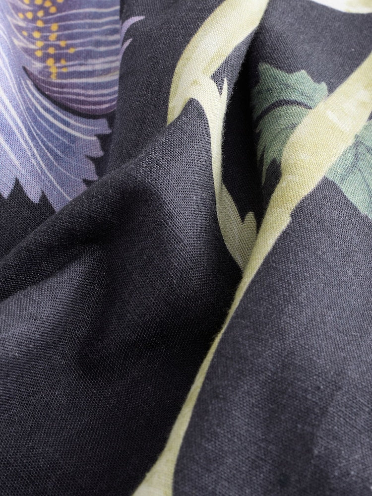 Navy Floral Button Down Puff Sleeve Midi Dress With Linen