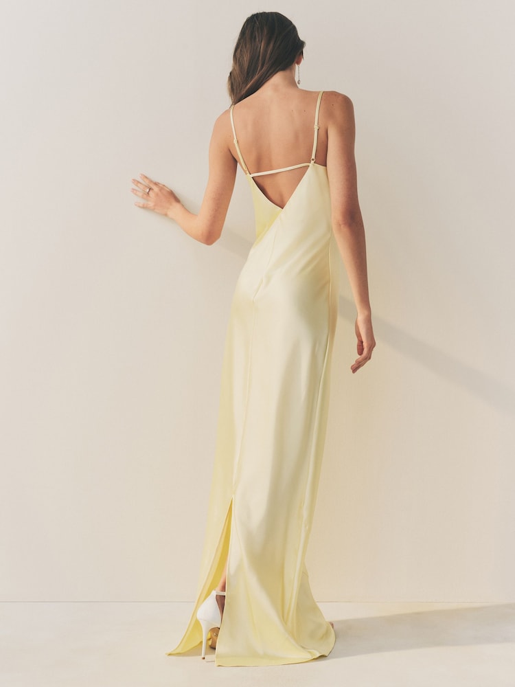 Pastel Yellow Satin Cowl Neck wedding Bridesmaid Maxi Dress