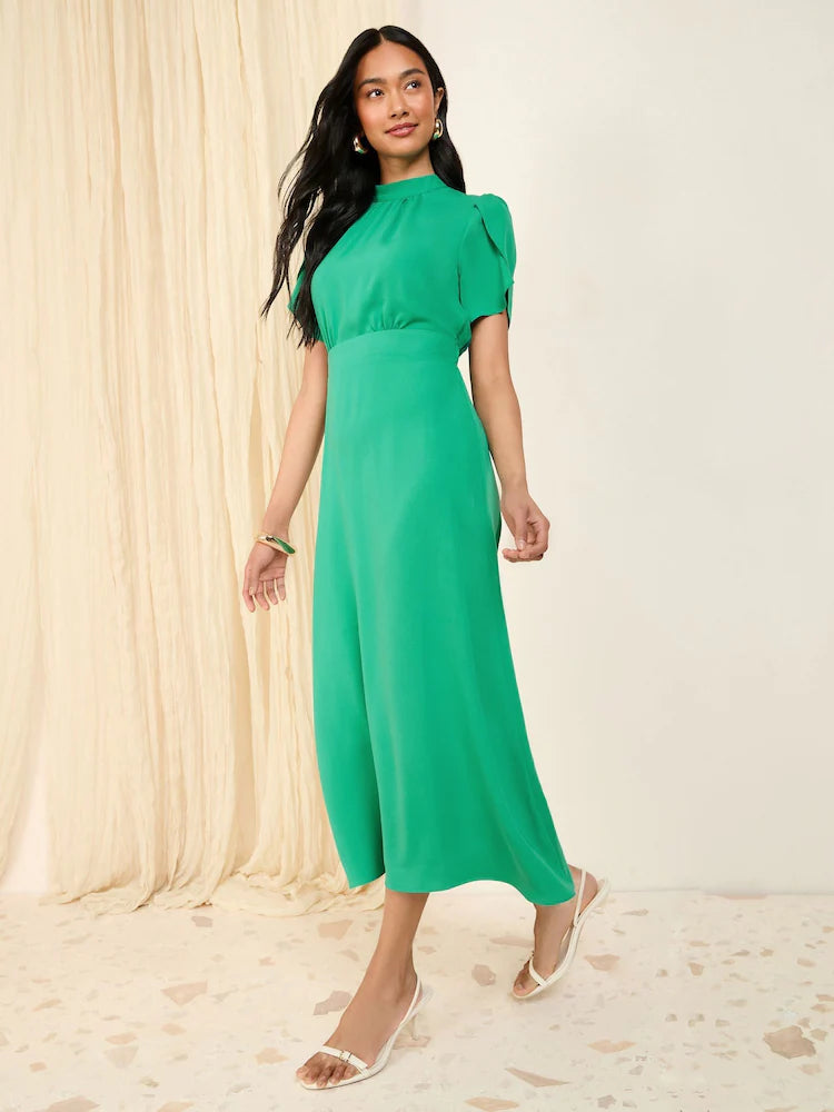 Green High Neck Short Sleeve Midi Dress with Bow