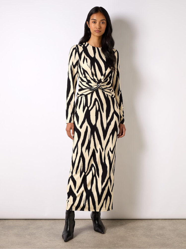 Black Mono Abstract Print Jersey Twist Detail Dress