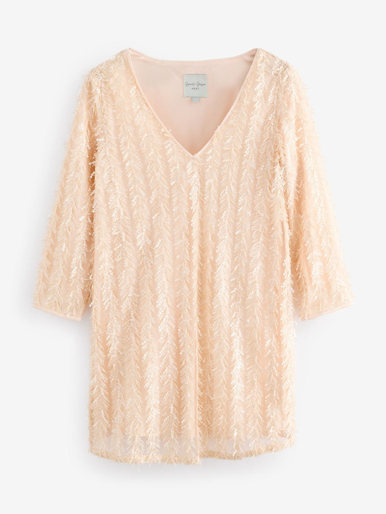 Pastel Pink Long Sleeve V- Neck Fringe Sequin Mini Dress