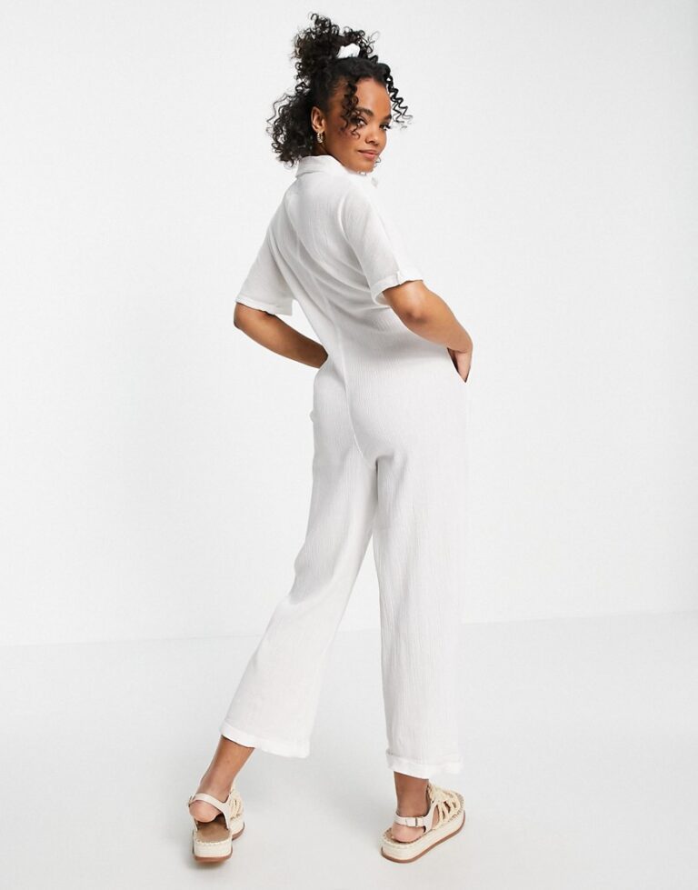 Button Through Chuck On Shirt Jumpsuit In White