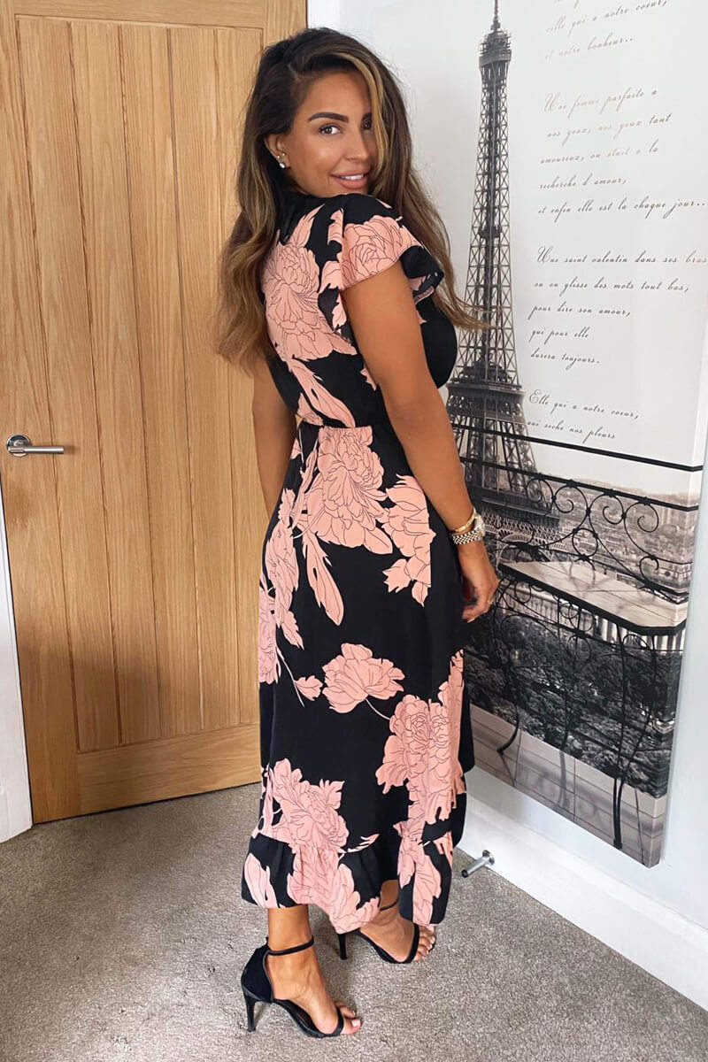 Blush and Black Floral Print Wrap Midi Dress