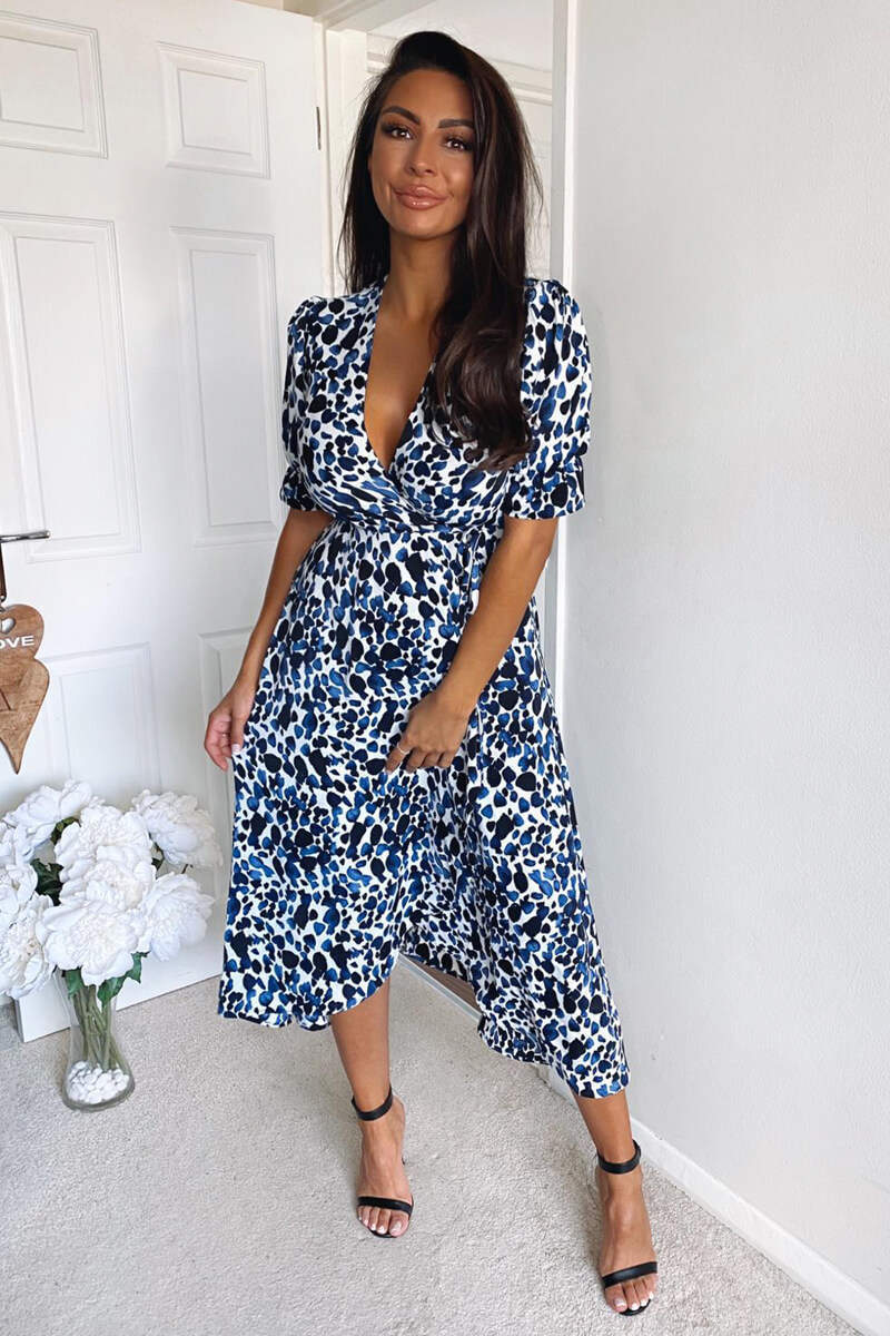 Blue Printed Wrap Tie Midi Dres