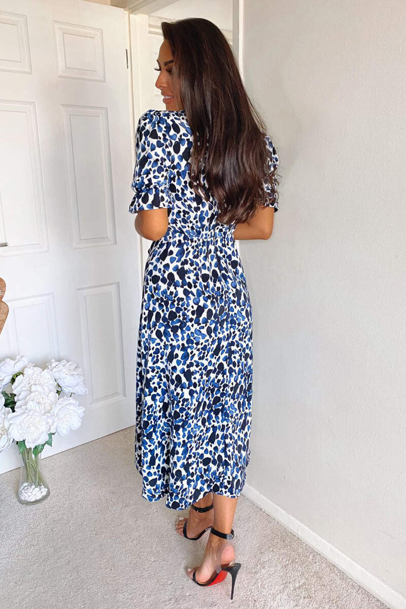 Blue Printed Wrap Tie Midi Dres