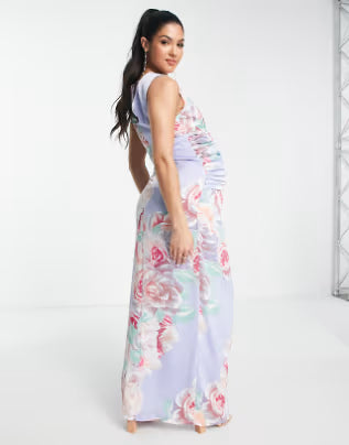 Maternity Satin Wrap Front Maxi Dress in Blue Floral