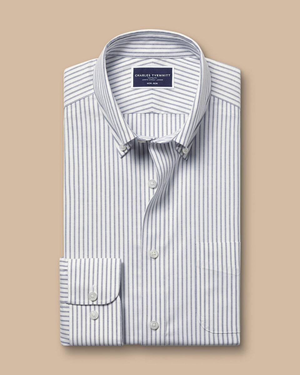 Slim Fit Button-Down Collar Non-Iron Stretch Oxford Stripe Extra Slim Fit Shirt - Indigo Blue