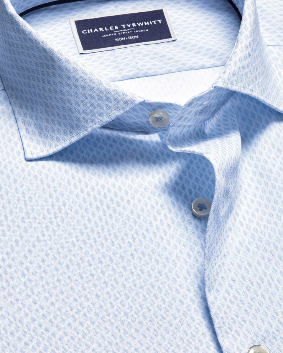Semi-Cutaway Collar Non-Iron Stretch Poplin Print Slim Fit Shirt - Light Blue