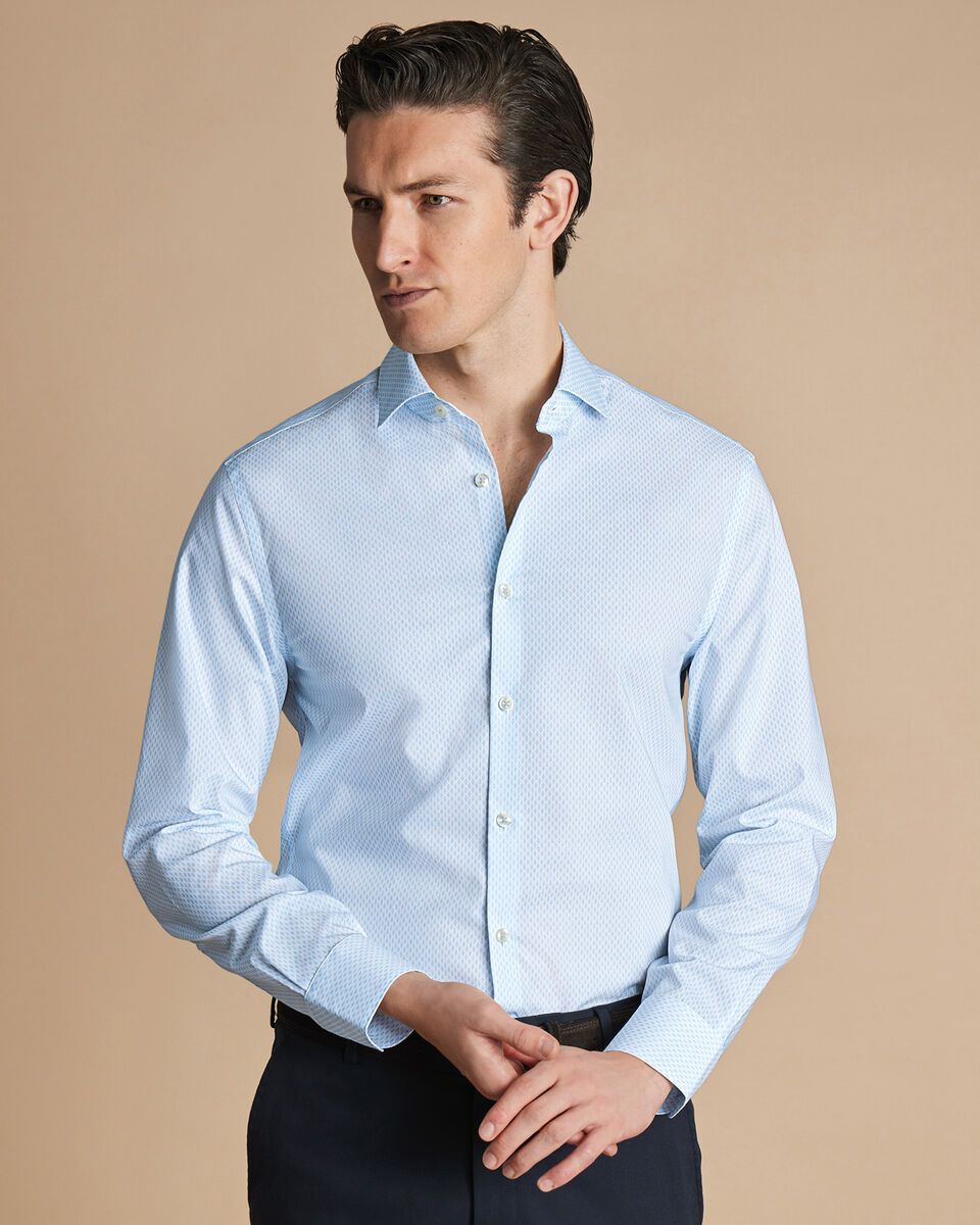 Semi-Cutaway Collar Non-Iron Stretch Poplin Print Slim Fit Shirt - Light Blue