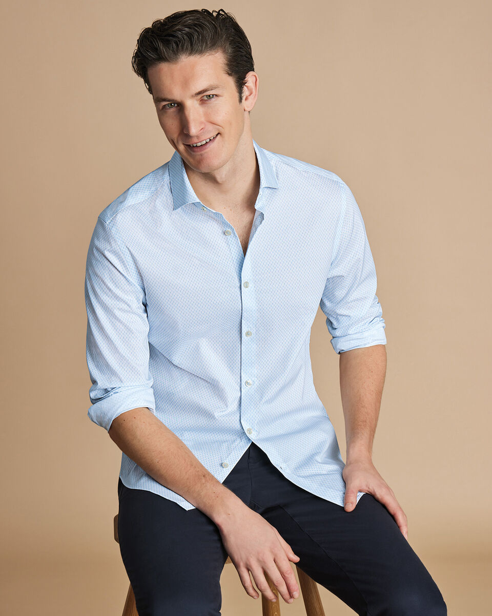 Semi-Cutaway Collar Non-Iron Stretch Poplin Print Slim Fit Shirt - Light Blue