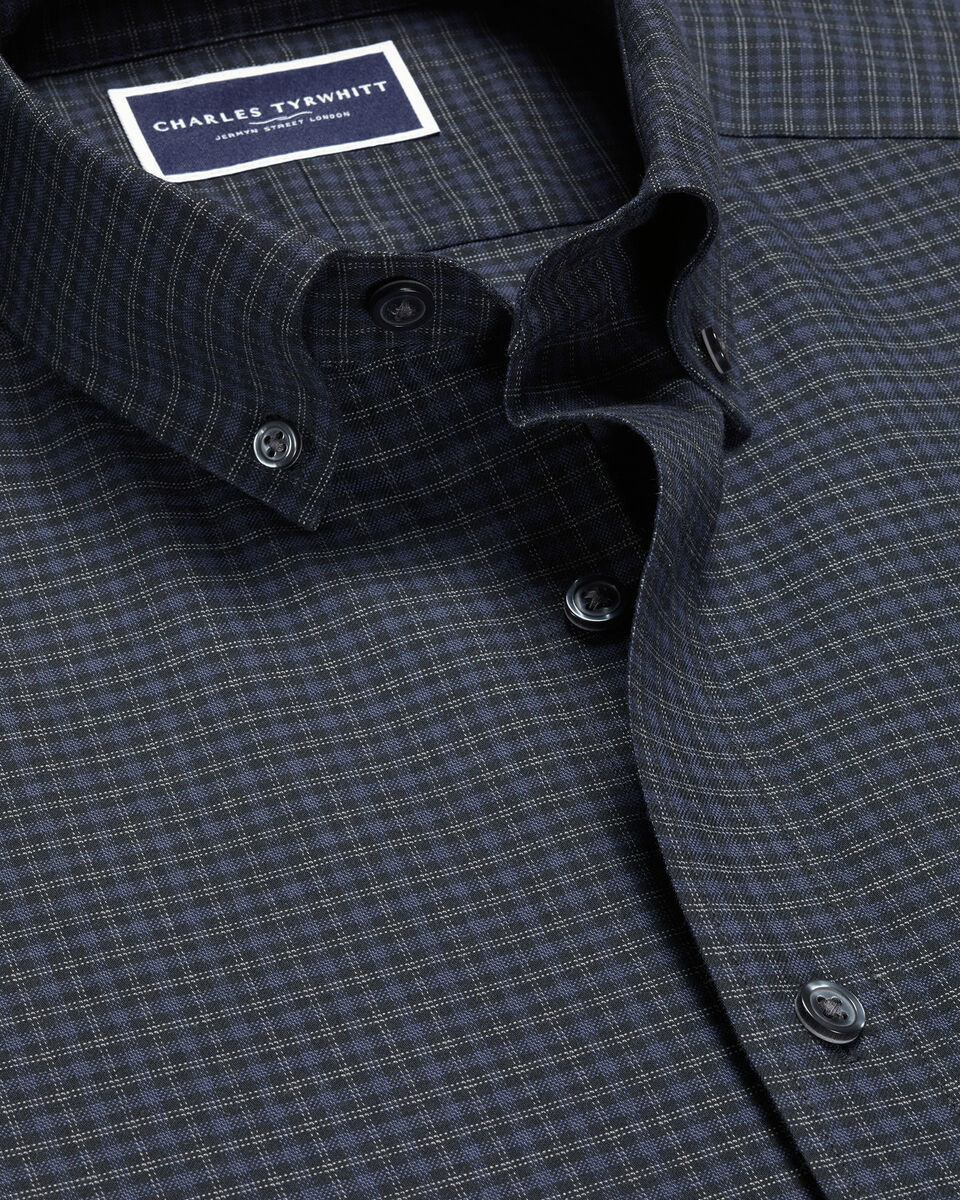 Brushed Cotton Twill Check Slim Fit Shirt - Dark Grey