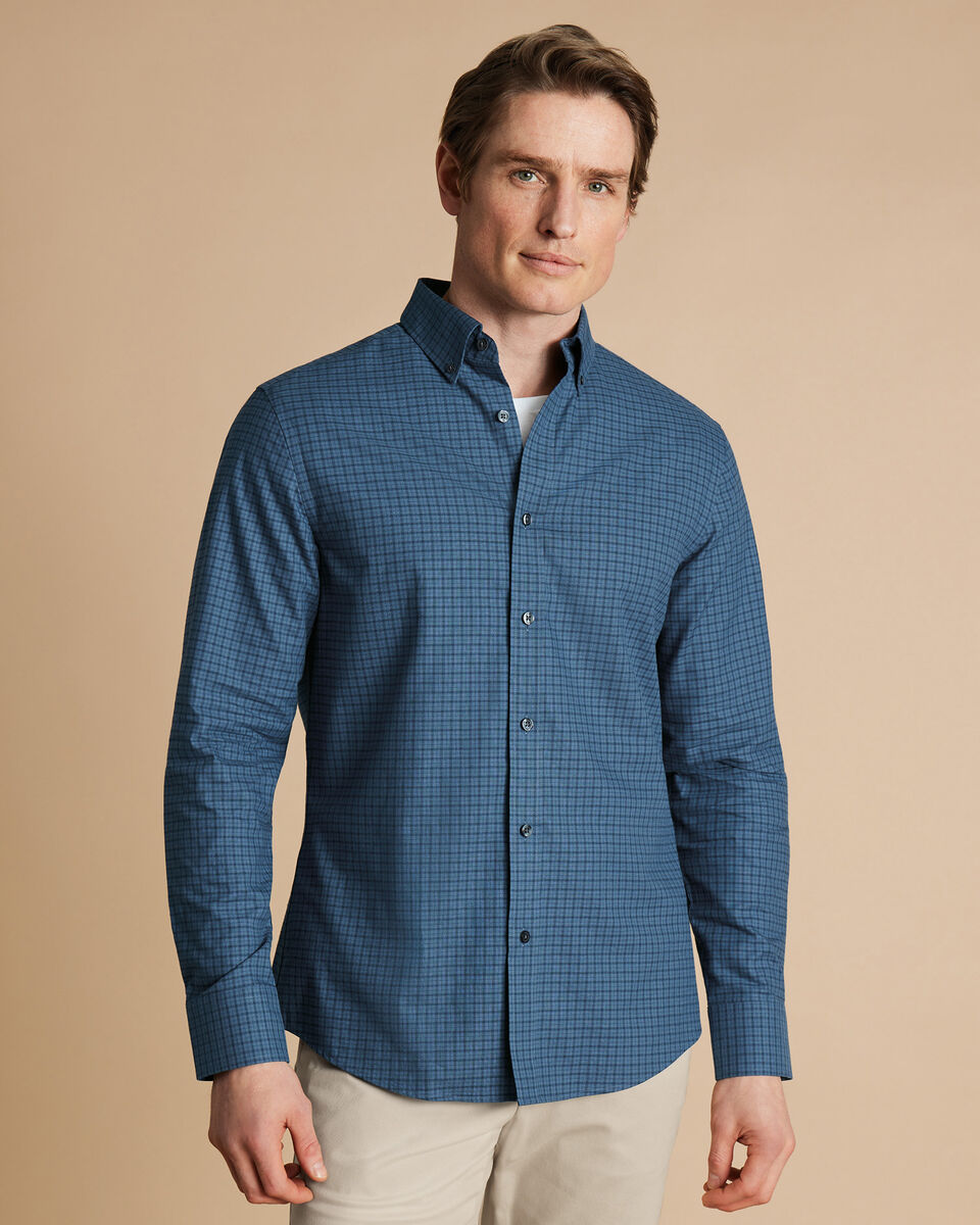 Brushed Cotton Twill Check Shirt - Petrol Blue