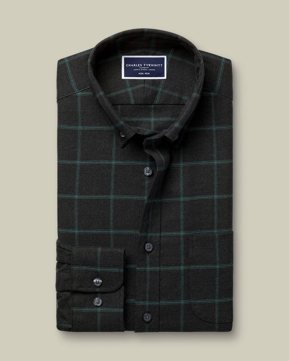 Non-Iron Twill Windowpane Check Shirt - Grey & Green