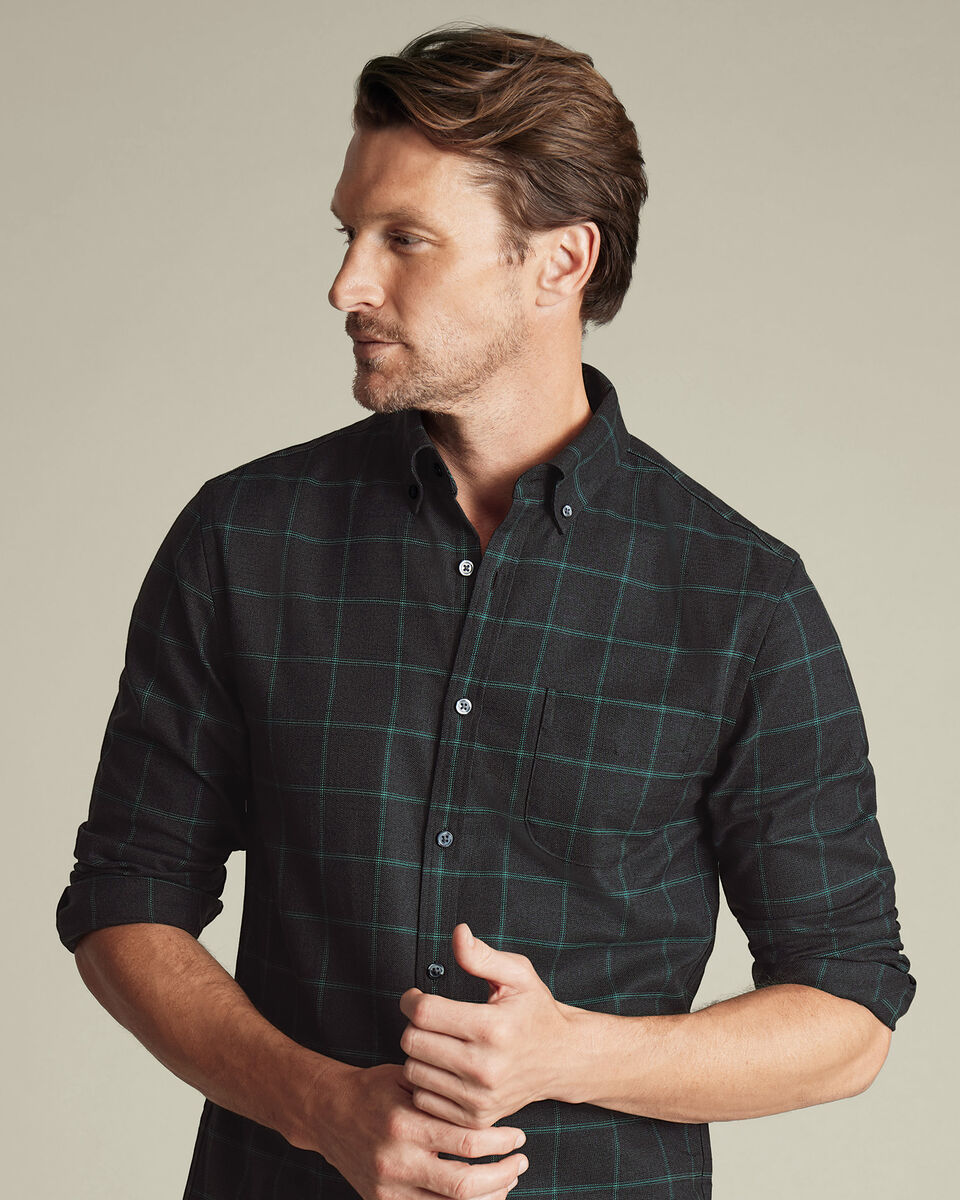 Non-Iron Twill Windowpane Check Shirt - Grey & Green