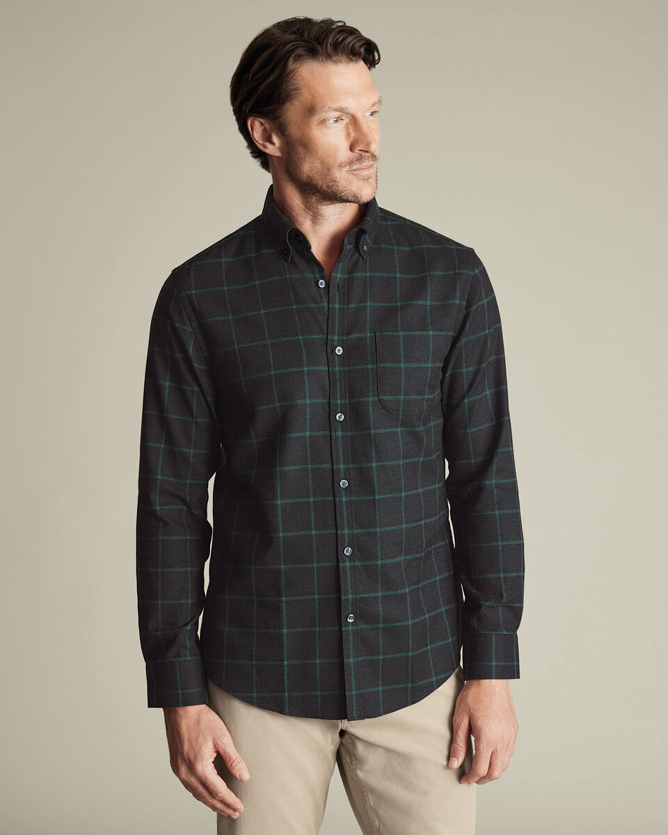 Non-Iron Twill Windowpane Check Shirt - Grey & Green