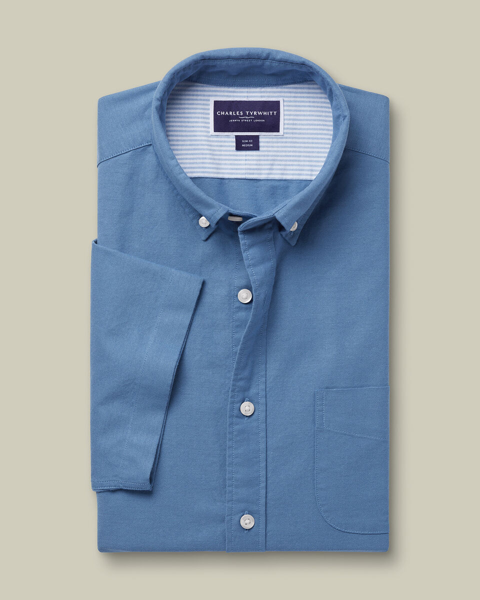 Stretch Washed Oxford Short Sleeve Slim Fit Shirt - Cornflower Blue