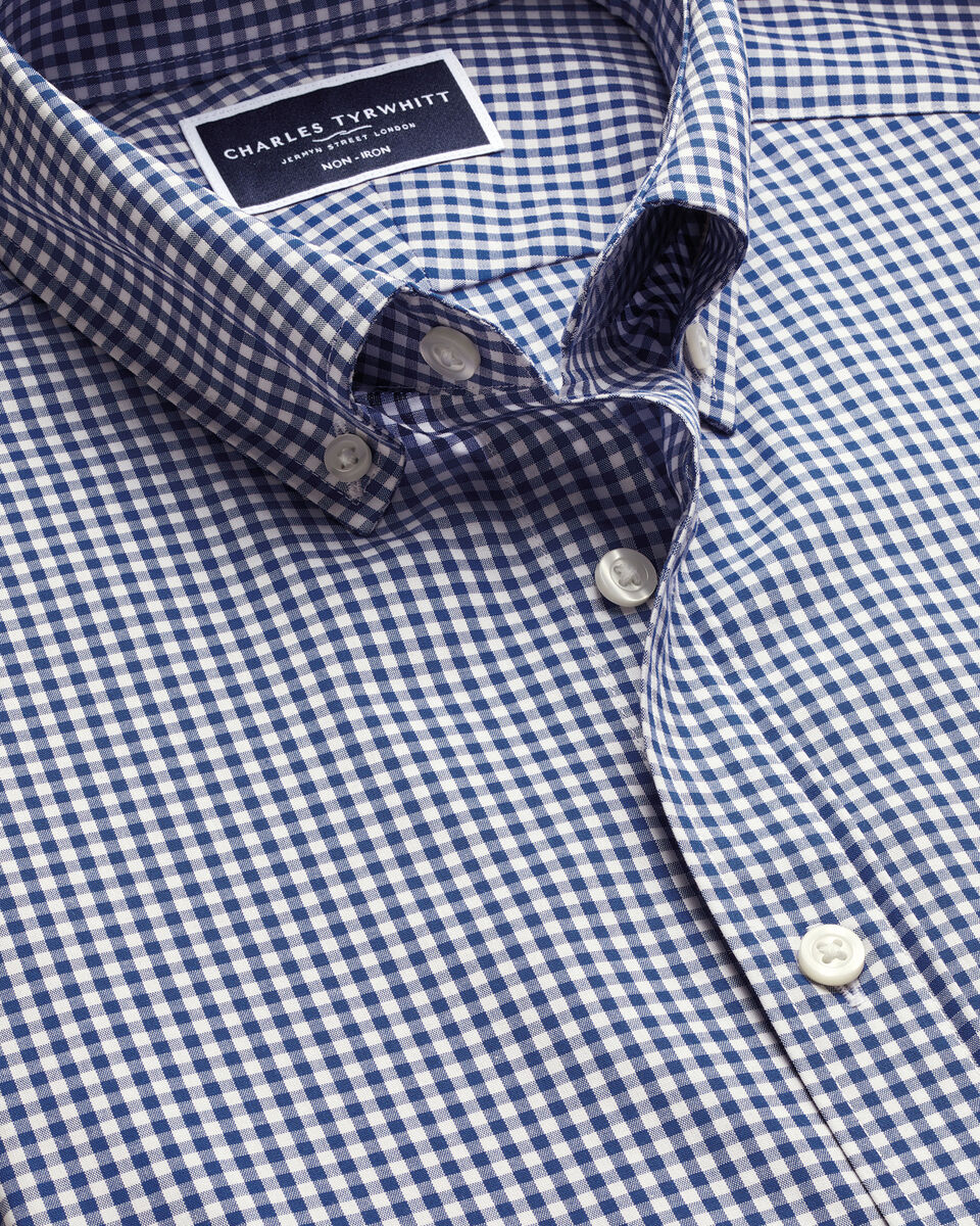 Non-Iron Stretch Check Short Sleeve Classic Fit Shirt - Navy