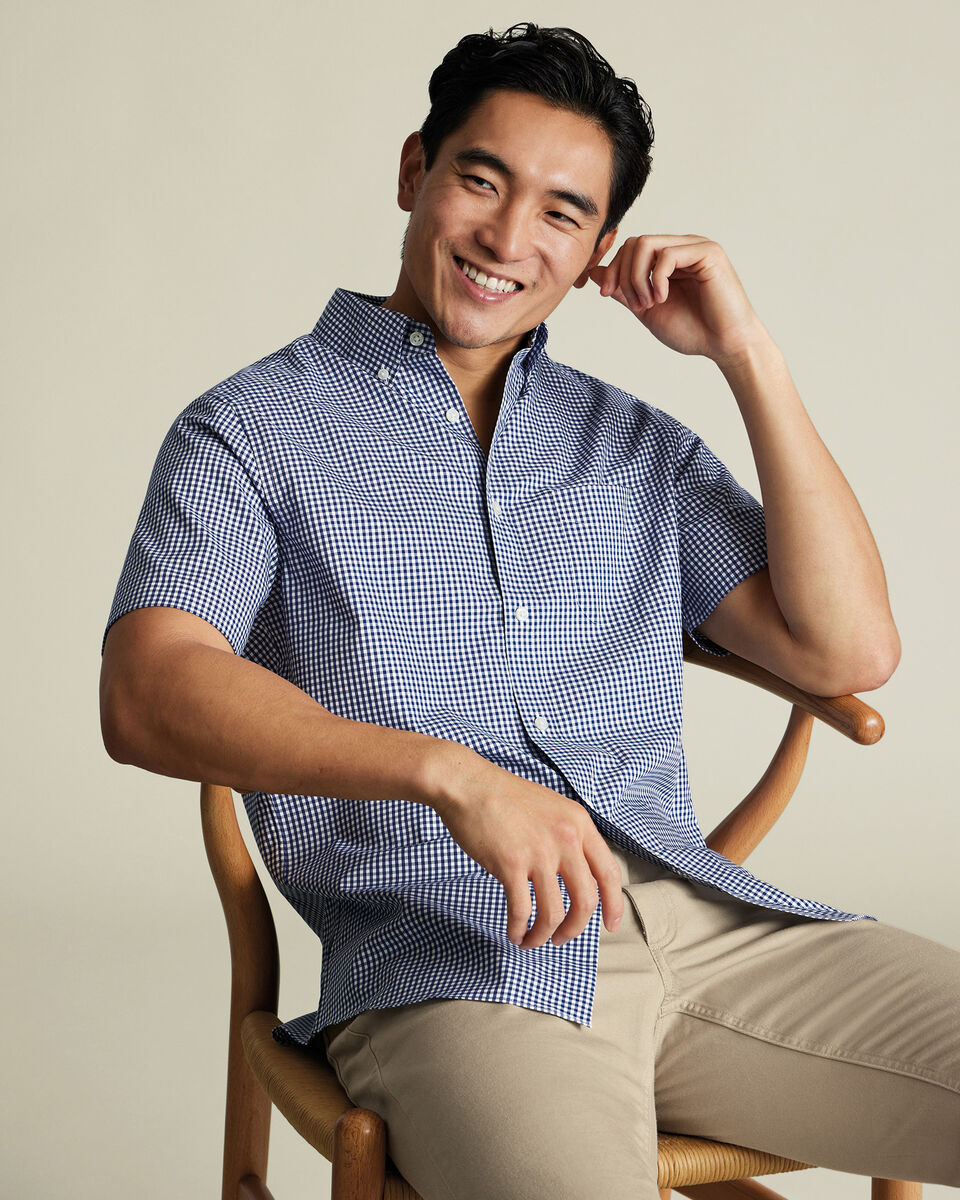 Non-Iron Stretch Check Short Sleeve Classic Fit Shirt - Navy