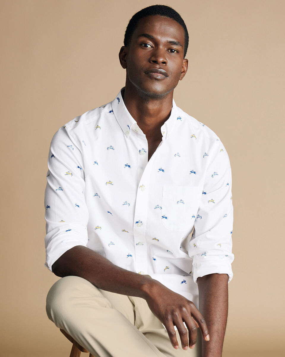 Button-Down Collar Non-Iron Stretch Hare Print Slim Fit Shirt - White
