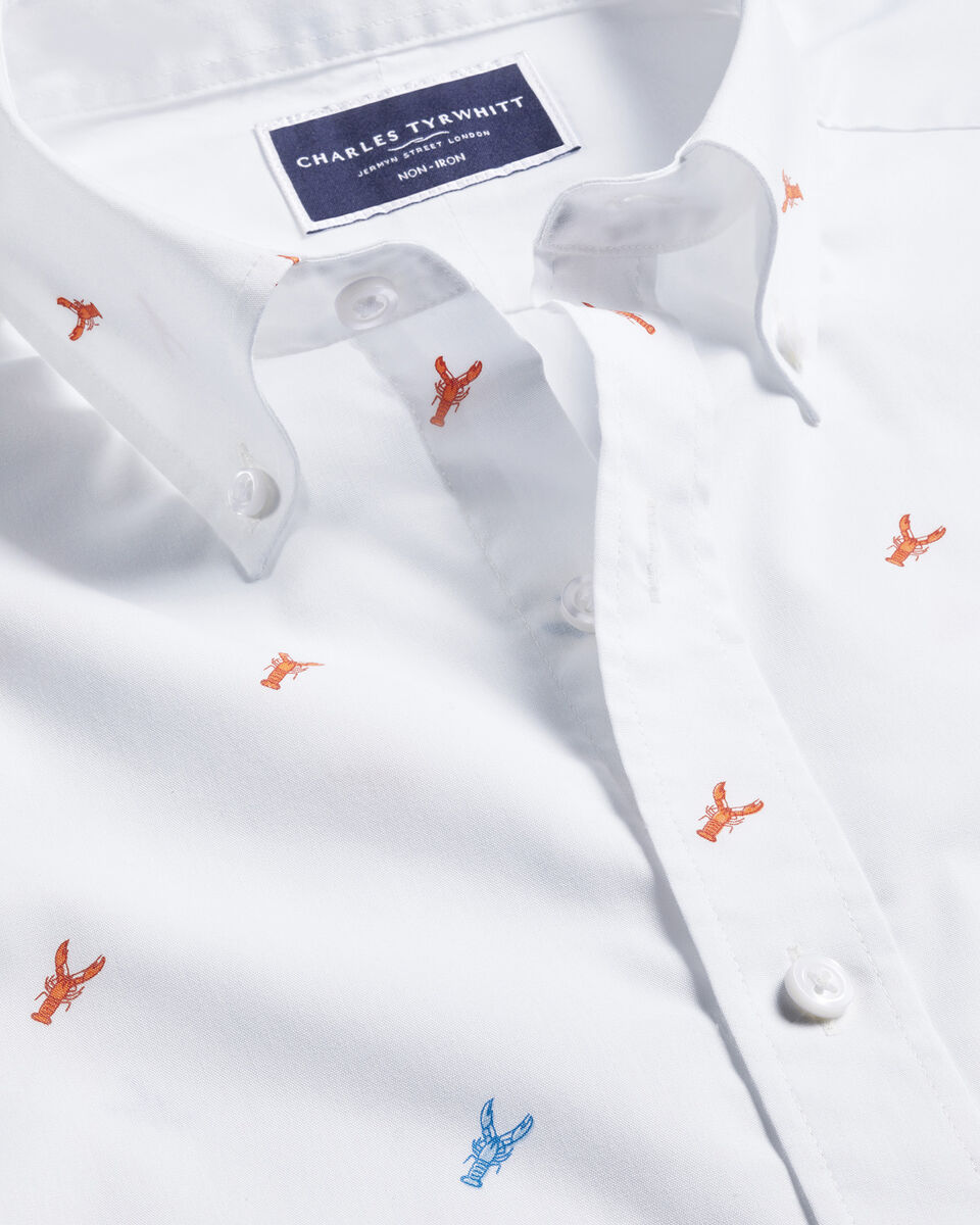Slim Fit Non-Iron Lobster Print Short Sleeve Shirt - White Multi