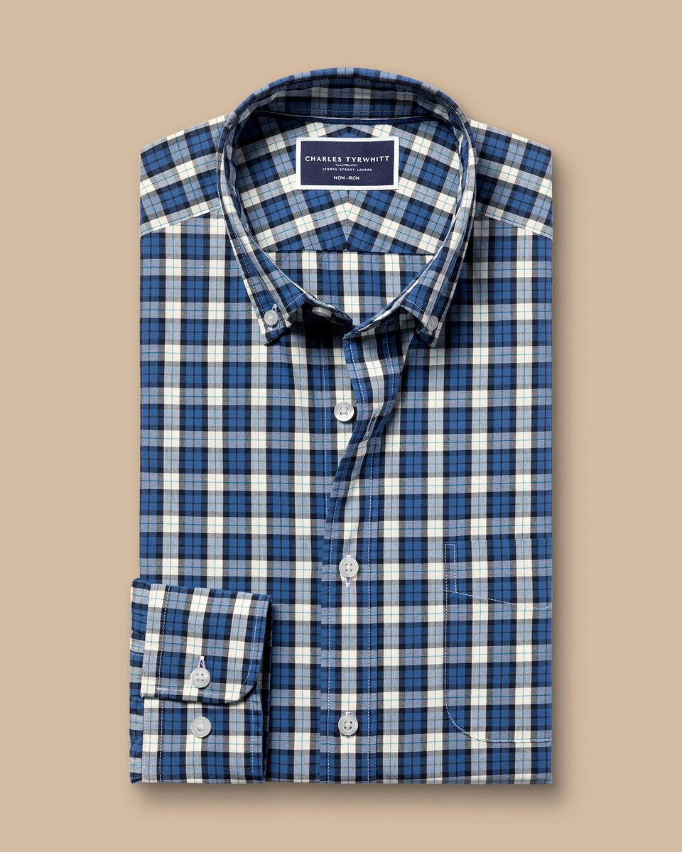 Button-Down Collar Non-Iron Stretch Poplin Plaid Check Shirt - Ocean Blue