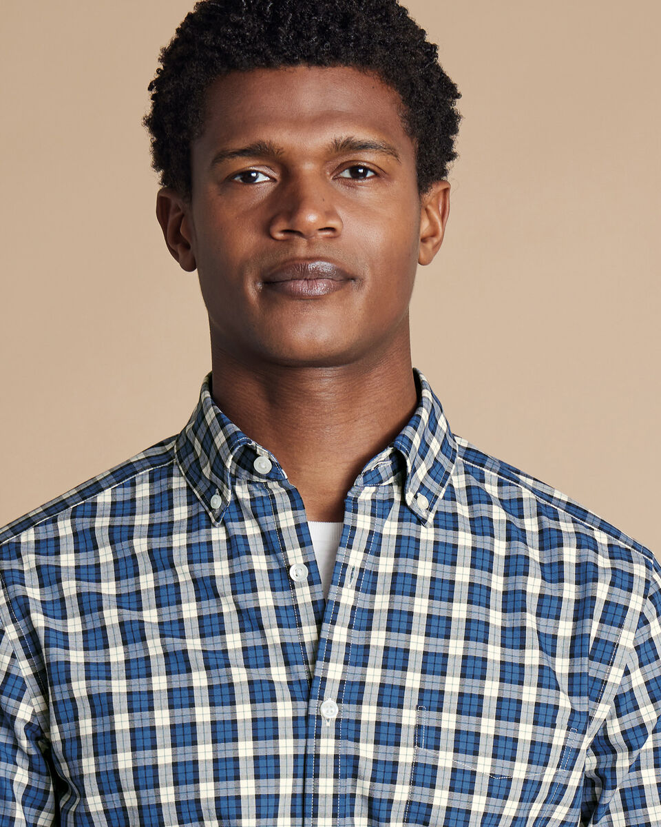 Button-Down Collar Non-Iron Stretch Poplin Plaid Check Shirt - Ocean Blue