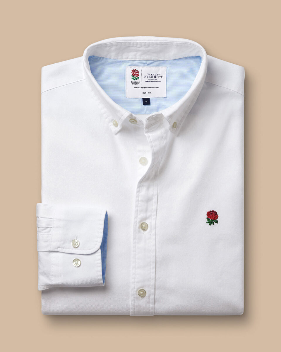 England Rugby Washed Oxford Classic Fit Shirt with Red Rose - White