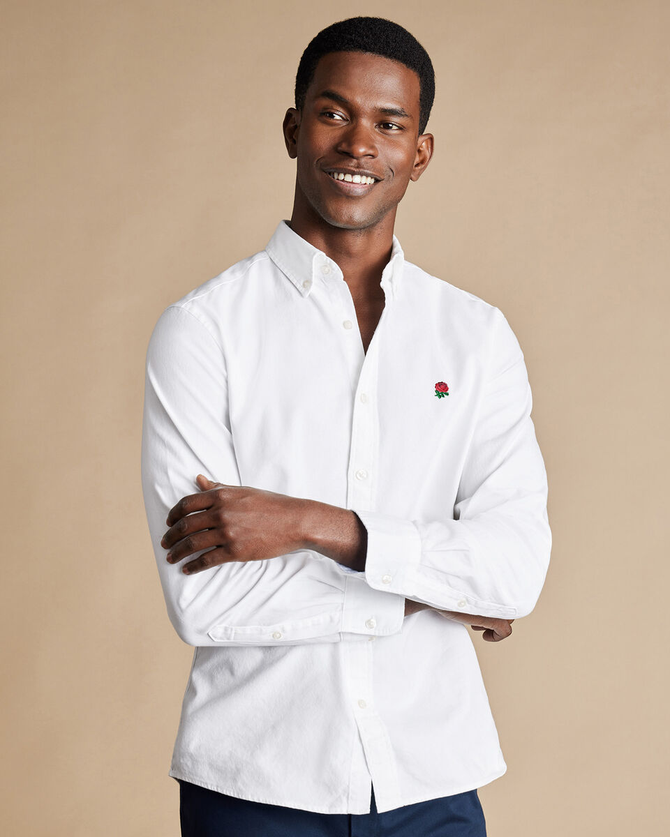 England Rugby Washed Oxford Classic Fit Shirt with Red Rose - White