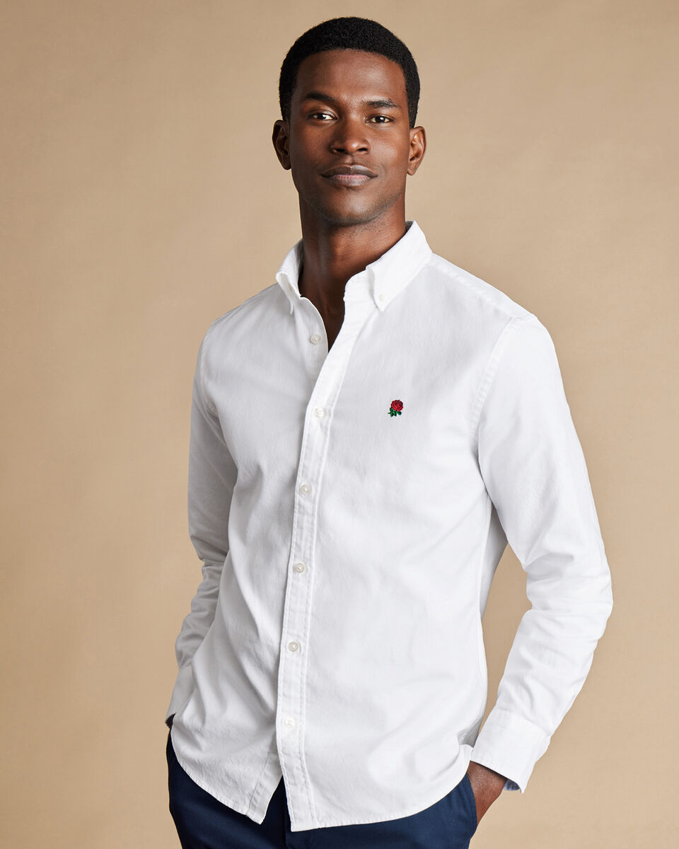 England Rugby Washed Oxford Classic Fit Shirt with Red Rose - White