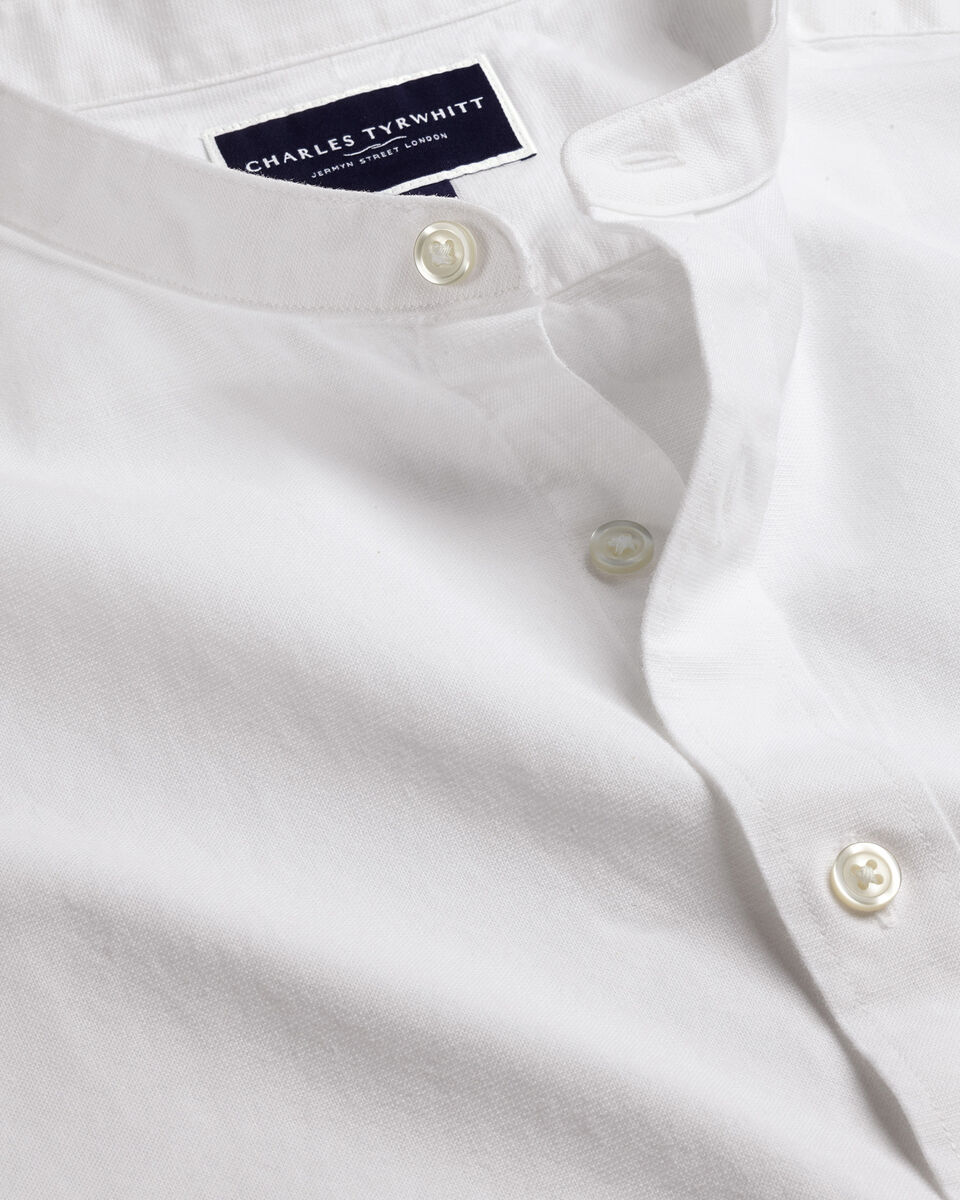 Collarless Cotton Linen Classic Fit Shirt - White
