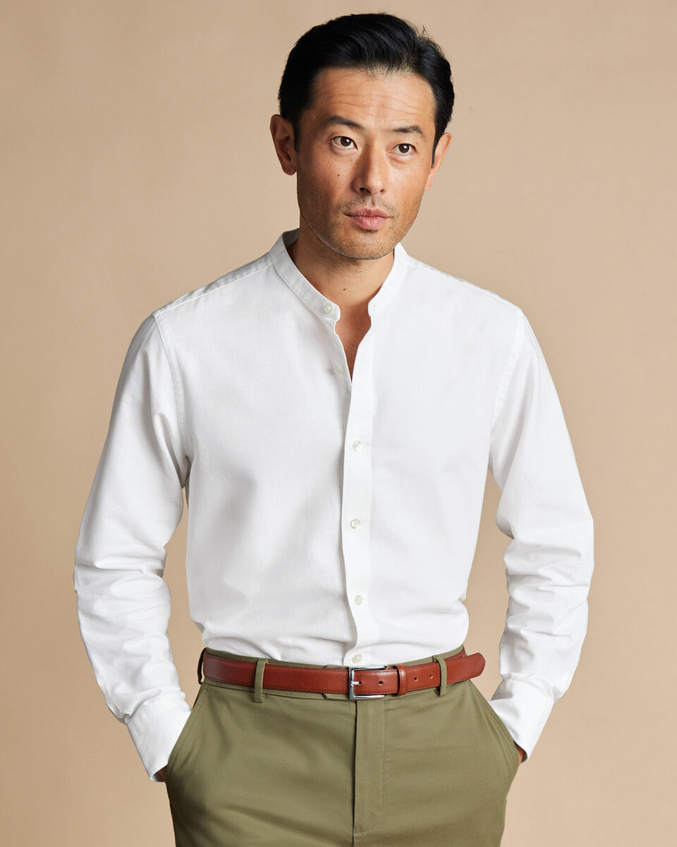 Collarless Cotton Linen Slim Fit Shirt White