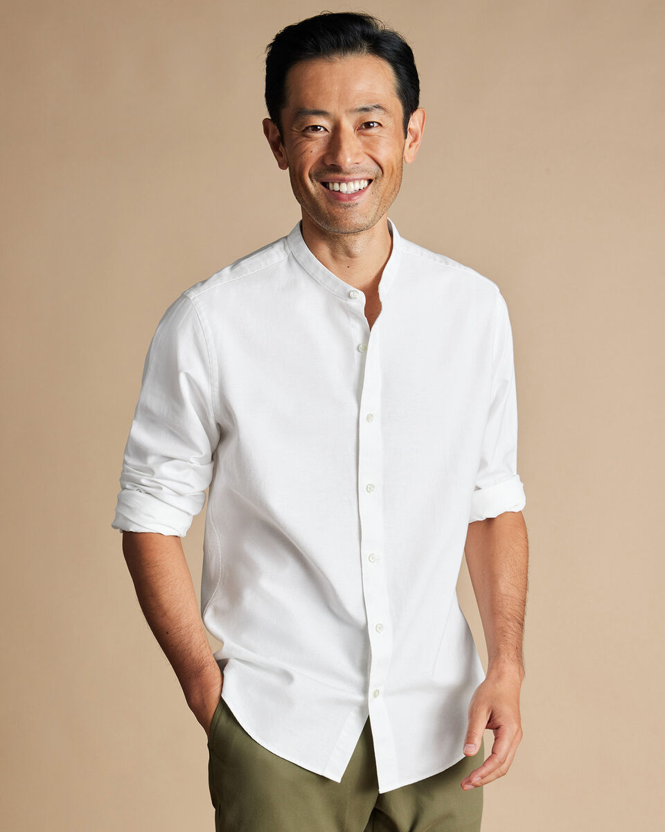 Collarless Cotton Linen Slim Fit Shirt White