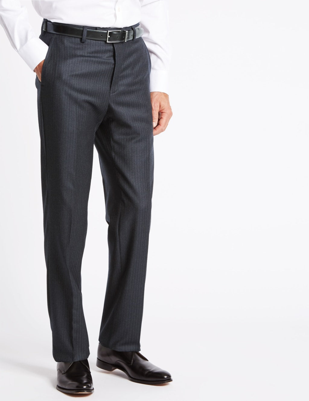 Savile Row Inspired Striped Tailored Fit Wool Trousers Dark Denim