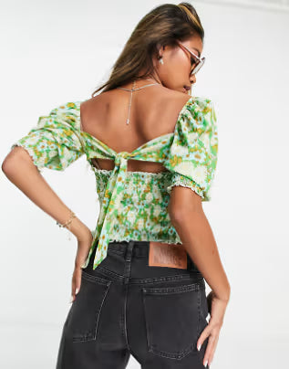 Topshop 70s bloom puff tie back top in green