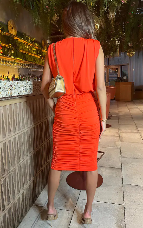 Burnt Orange Ruched Skirt Bodycon Midi Dress