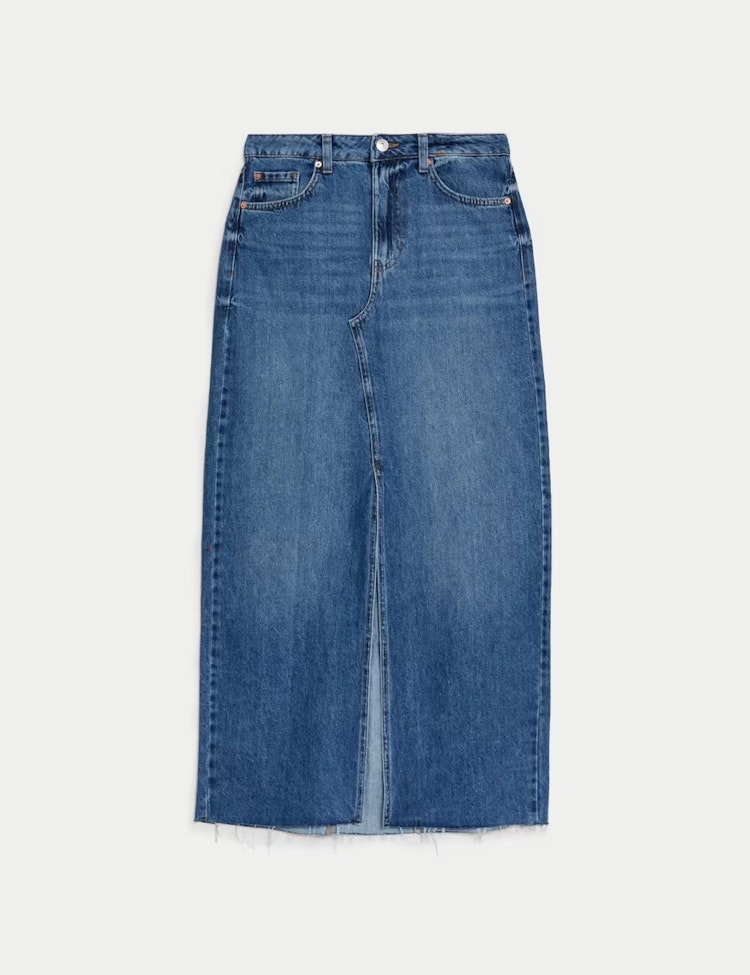 High Waisted Denim Maxi Skirt
