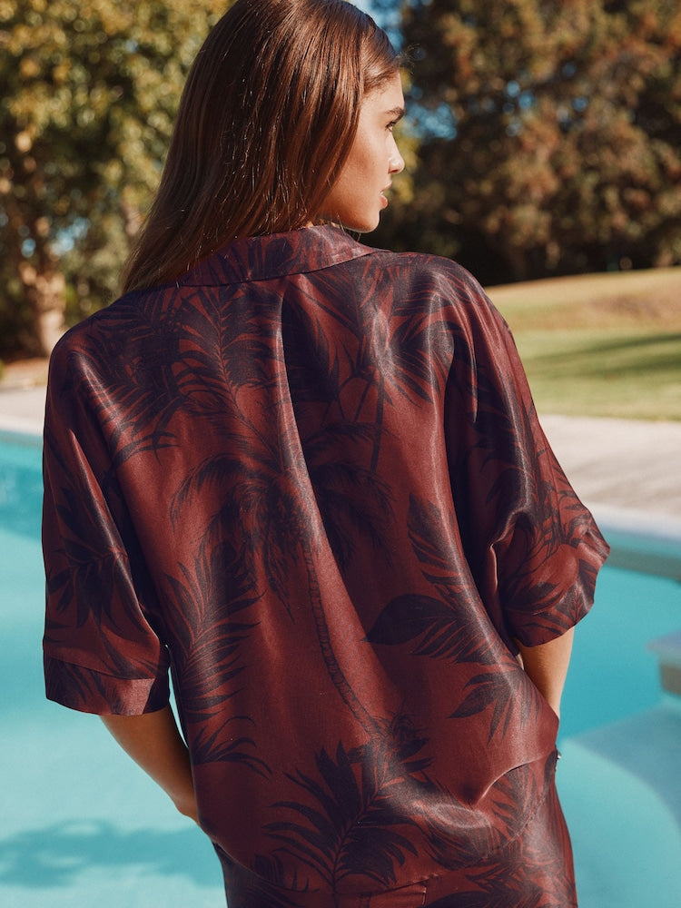 Brown / Navy Palm Print V-Neck Collared Satin Shirt