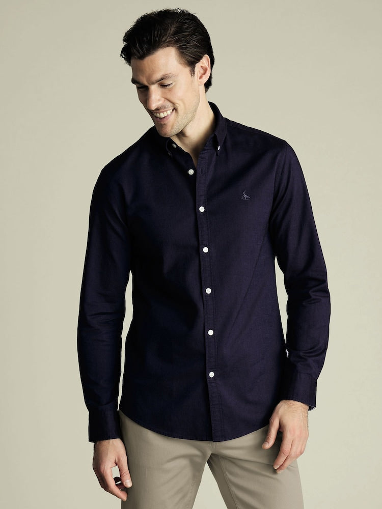 Button Down Collar Stretch Washed Oxford Slim Fit Shirt - Navy Blue