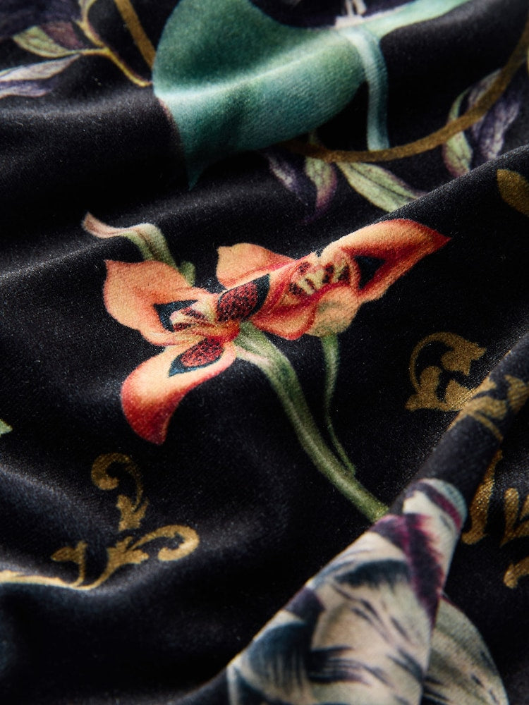 Black Kew Floral Print Velvet Volume Sleeve V-Neck Blouse