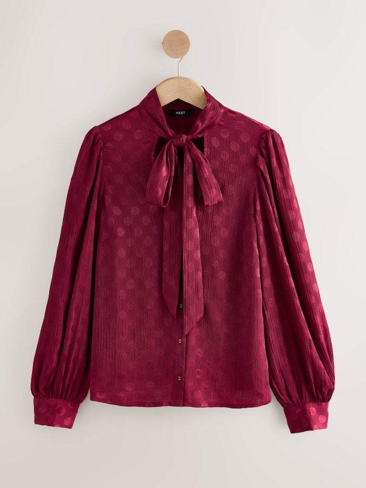 Burgundy Red Satin polka Dot Long Sleeve Tie Neck Blouse