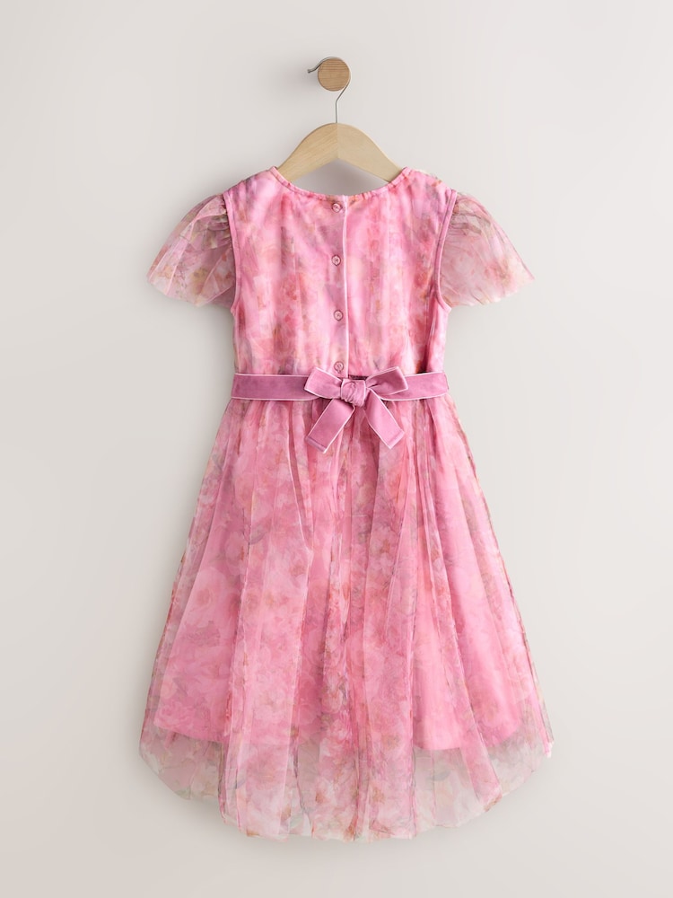 Pink Floral Mesh Party Dress