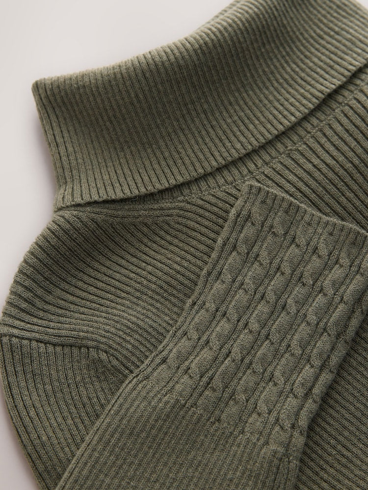 Khaki Green Roll Neck Ribbed Jumper