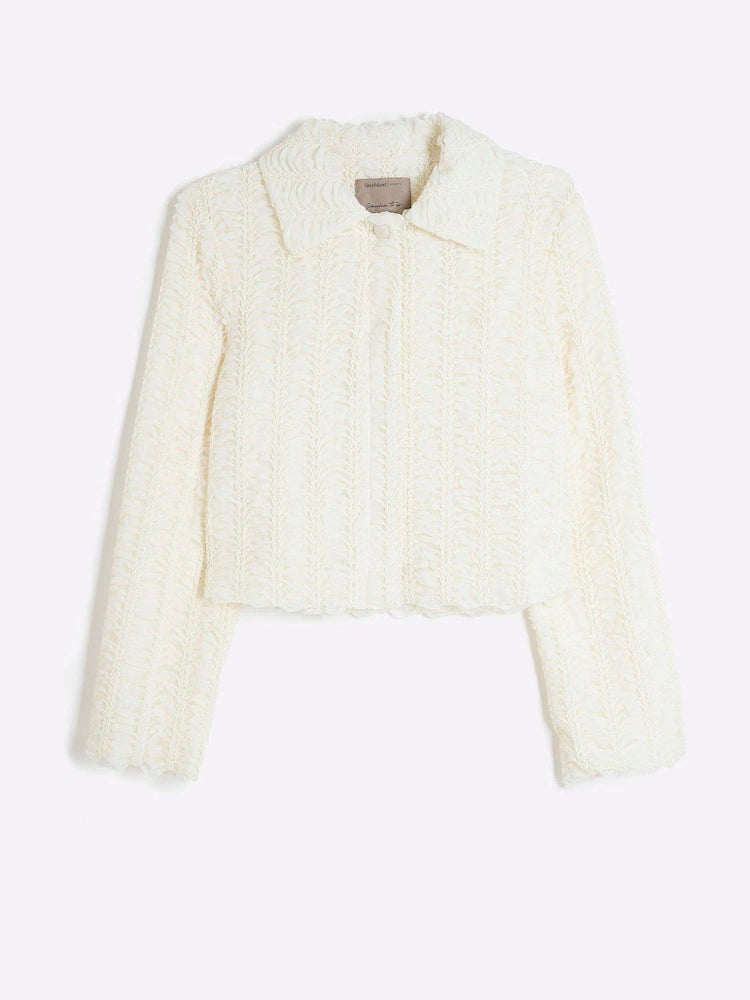 Cream Textured Collared Trophy Jacket